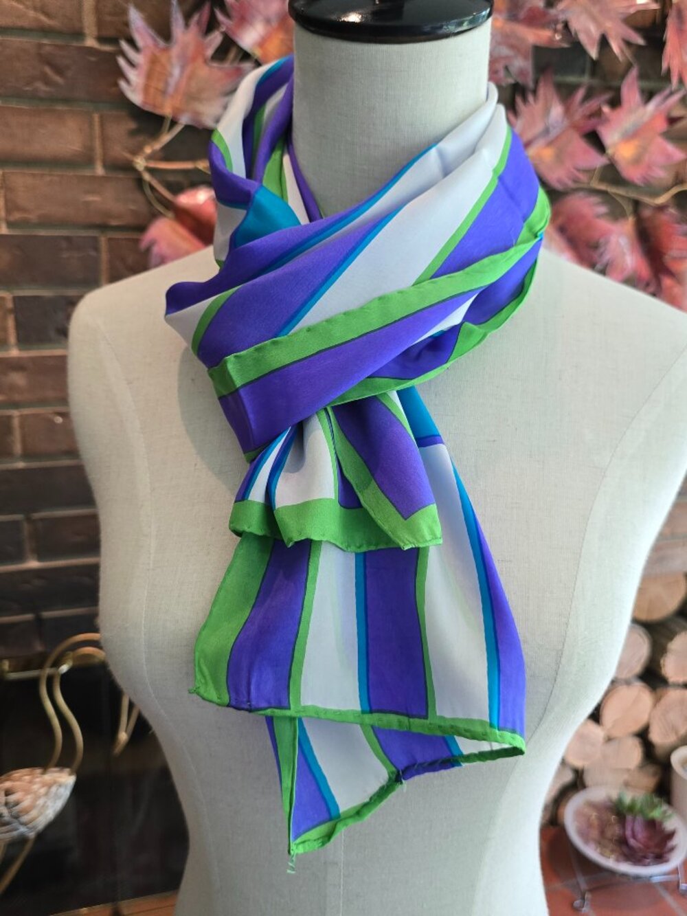 Bill Blass - Vintage Silk Scarf in Purple, Blue, Green & White Stripes